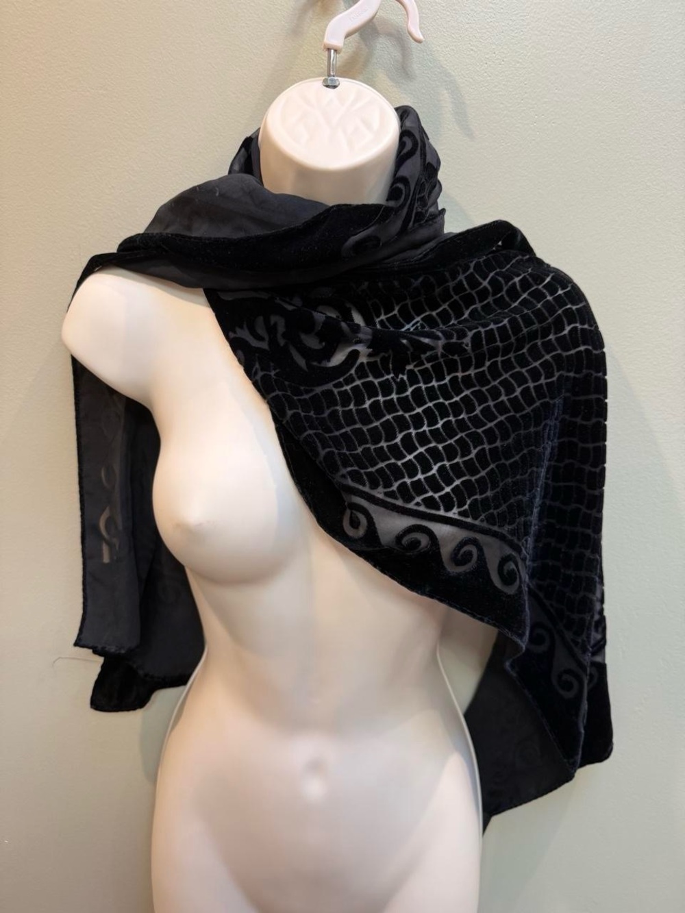 Pierre Cardin Paris Black Velvet Burnout Sheer Scarf Shawl Wrap